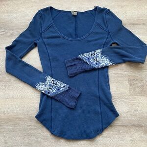 Free People Thermal Deep Blue Long Sleeve with Patterned Cuffs